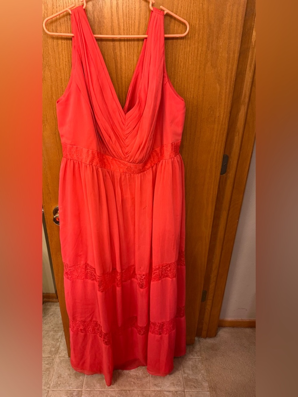 David's Bridal Coral Maxi Dress with Lace Panels